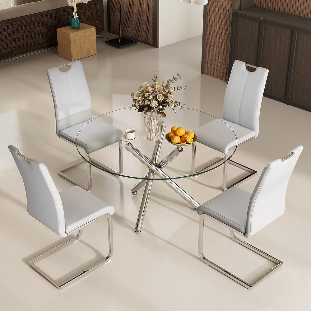 Modern Luxury Round Glass Dining Set for 4, 5 Pieces Clear Circle Glass Kitch...