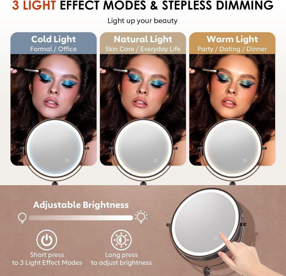 9" Wall Mounted Lighted Makeup Mirror,4000mAh Rechargeable Double Sided ...