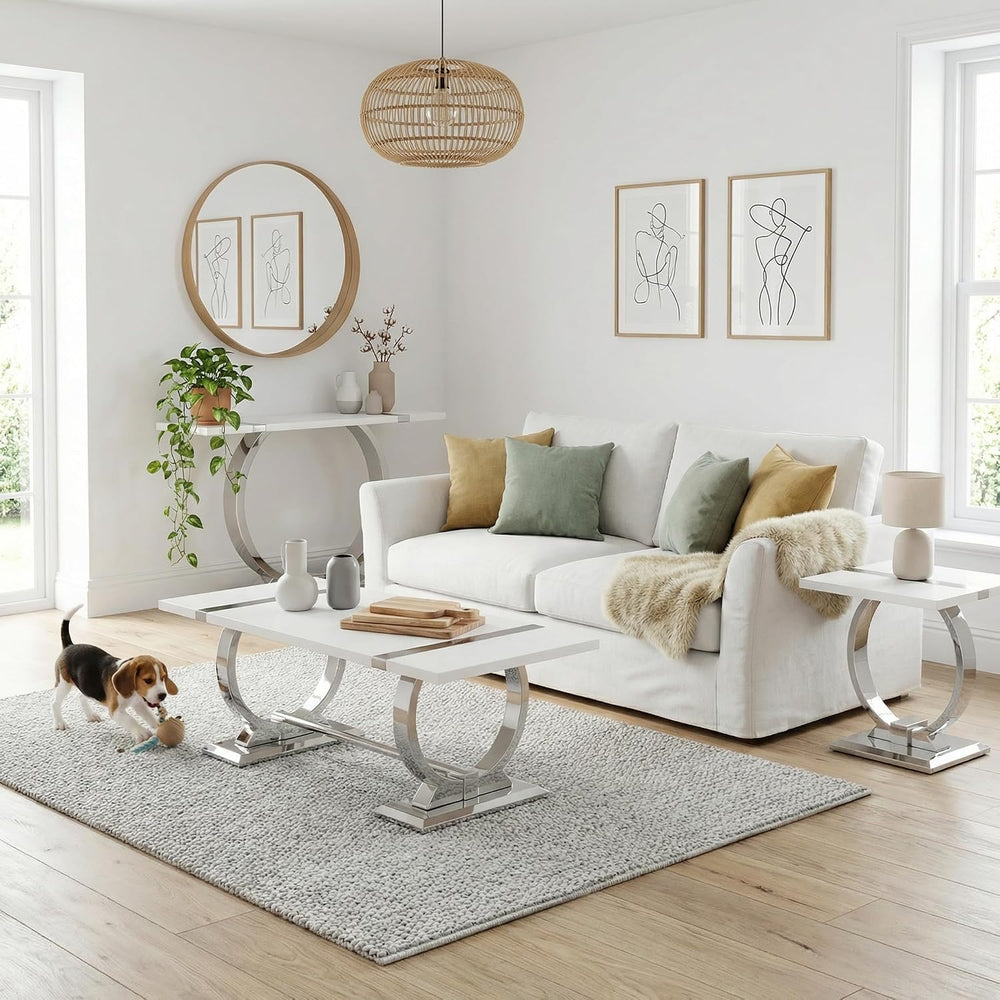 Asday 23.6" White and Silver End Table, Modern Side Table with Glossy Wo...