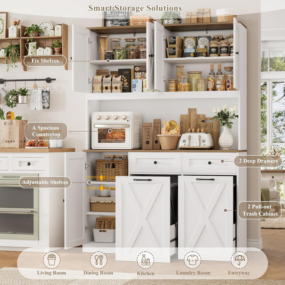 HOSTACK 71" Kitchen Pantry with 12.5 Gallon Double Trash Can Cabinet, Wh...