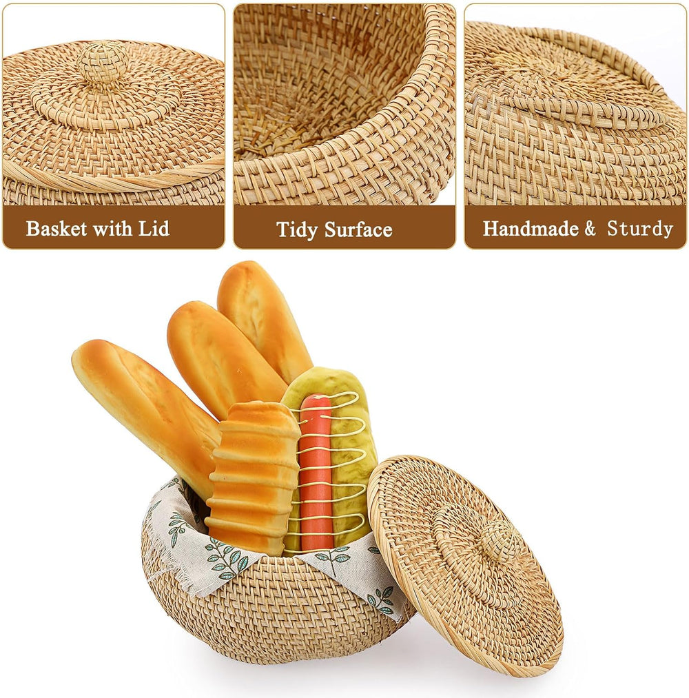 Hipiwe Round Rattan Boxes with Lid Natural Woven Picnic Storage Basket Bin