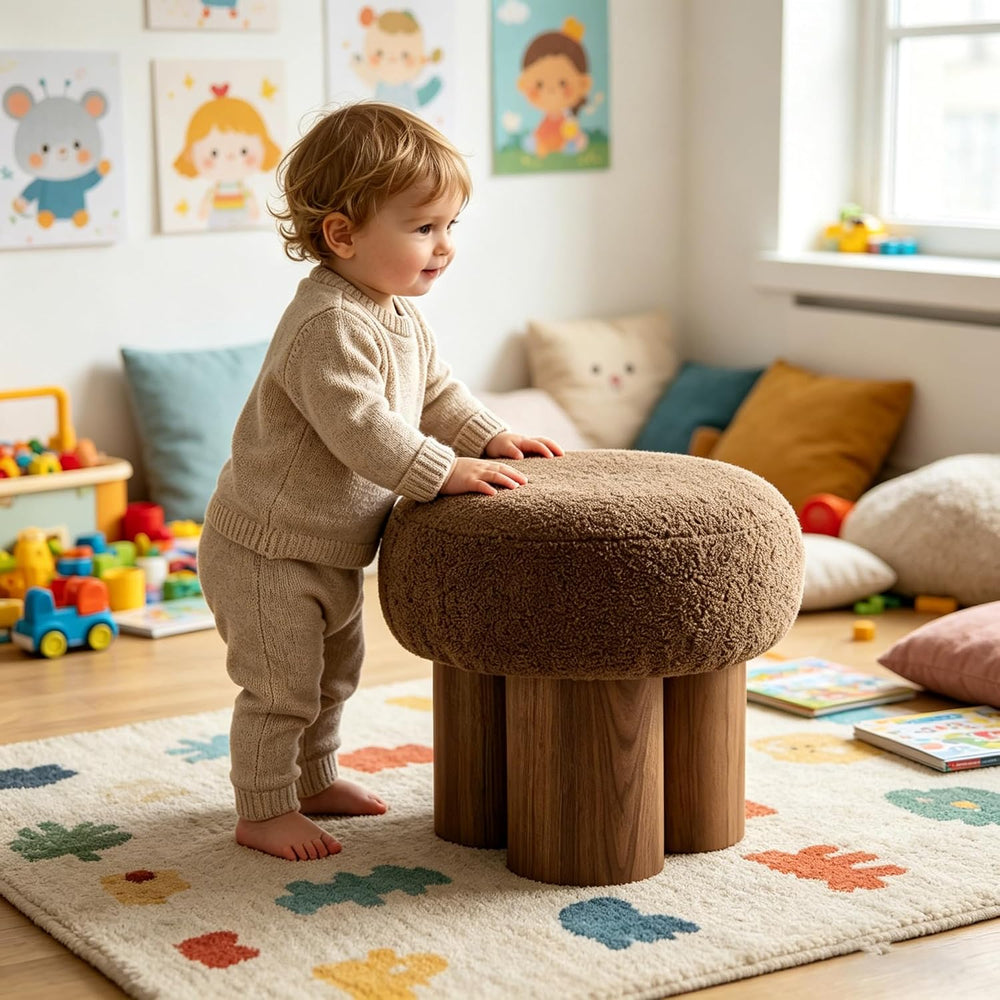 16.54''Mushroom Stool,Modern Fabric Ottoman Foot Rest,Teddy Round Foo...