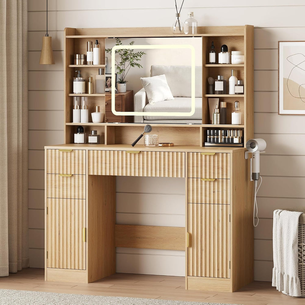 Makeup Vanity Desk with Mirror, Fluted Vanity with 5 Drawers and 2 Cabinets &...