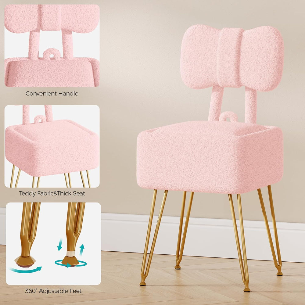 Small Vanity Stool Chair with Storage and Foldable Back, Pink | Soft Storage ...