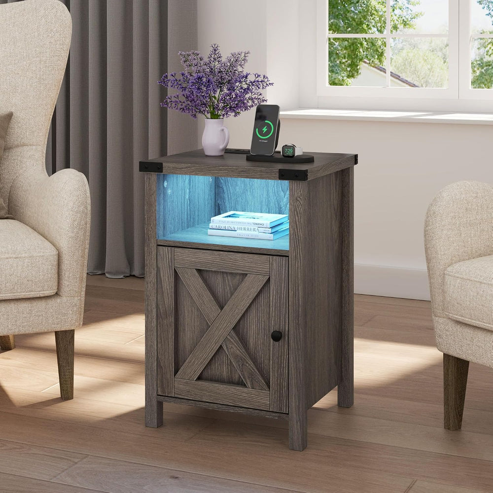 Hlivelood Farmhouse LED Nightstand Set of 2 with Charging Station, Rustic End...