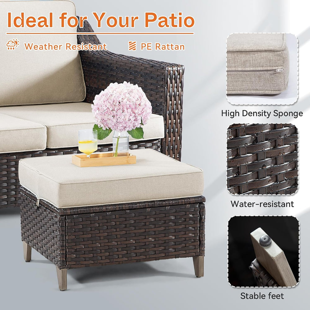 Joyside Patio Ottoman Set of 2, All Weather Outdoor Rattan Ottomans Patio Foo...