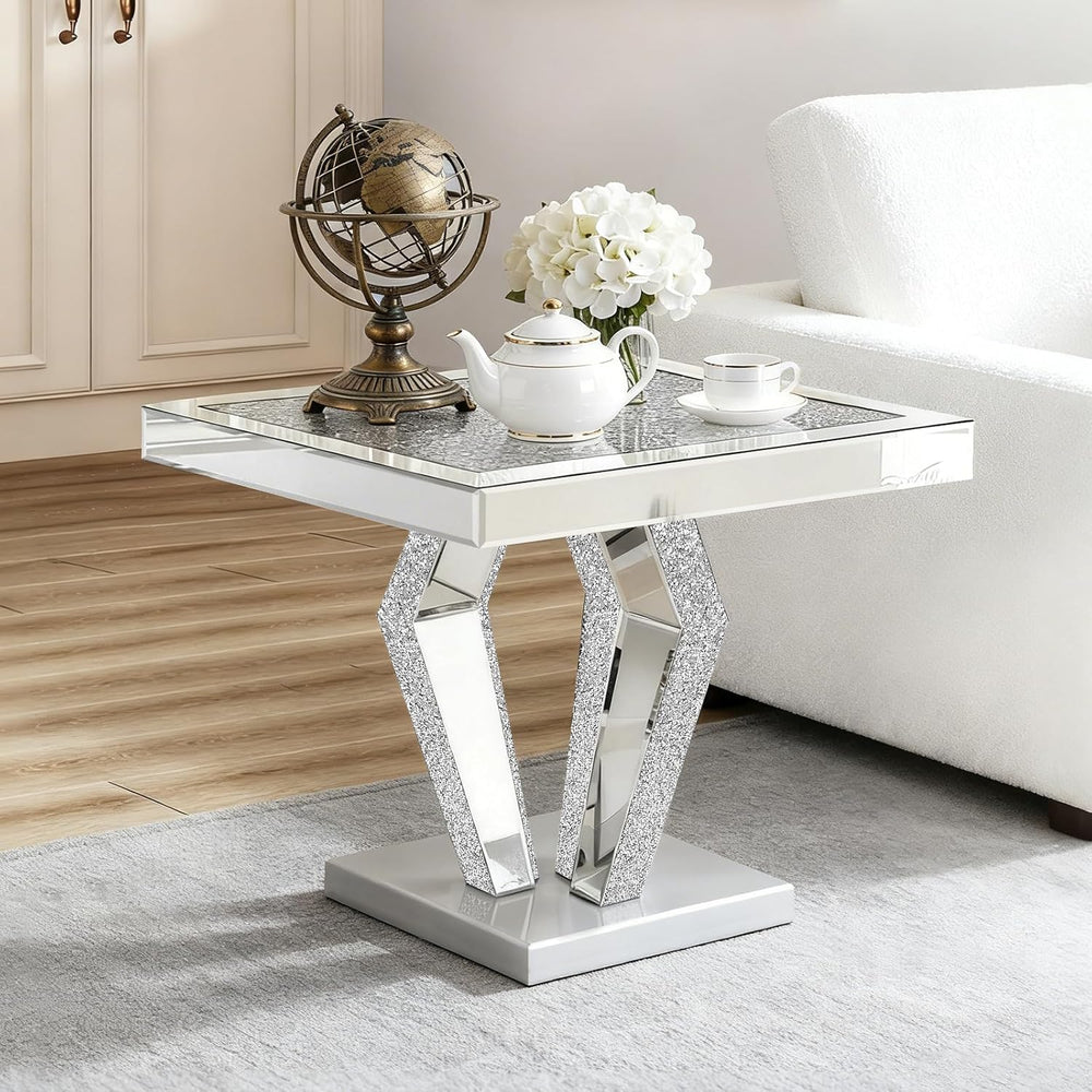 Silver Mirrored End Table with Crystal Inlay, Modern Side Table Accent Table,...