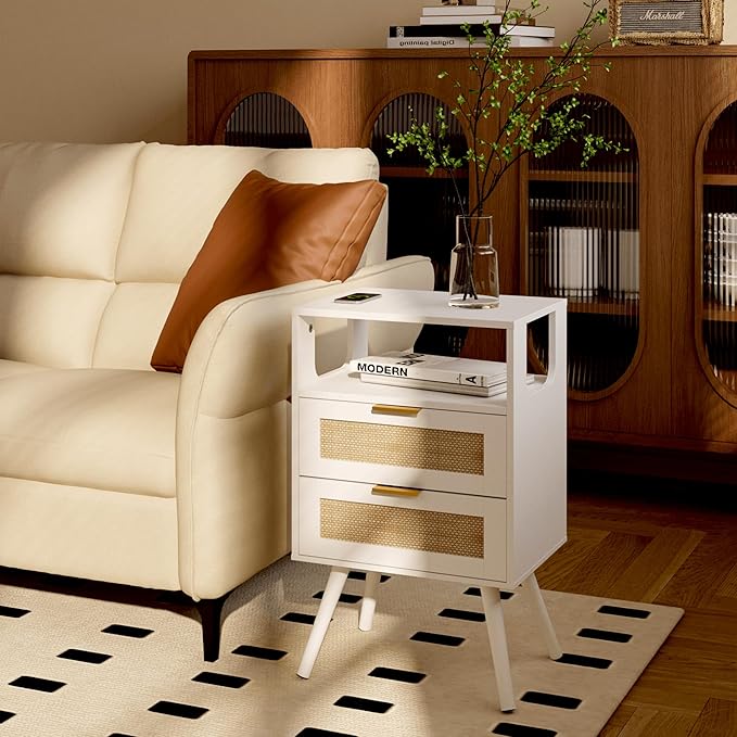 Rattan Nightstand,Farmhouse Bedside Table with 2 Storage Drawer and Open Wood...