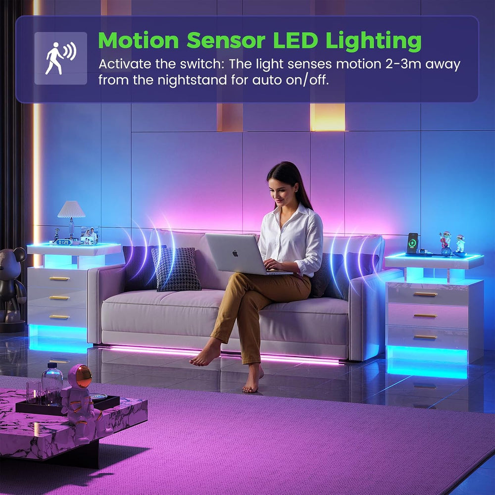HNEBC LED Nightstand with 3 Color Motion Sensor Lights for Bedroom,White | Sm...