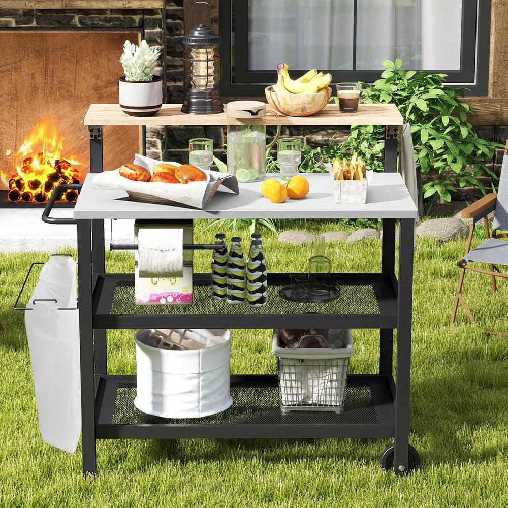GOFLAME Outdoor Patio Cart Table, Kitchen Shelf on Wheels with Flip Top, Tras...