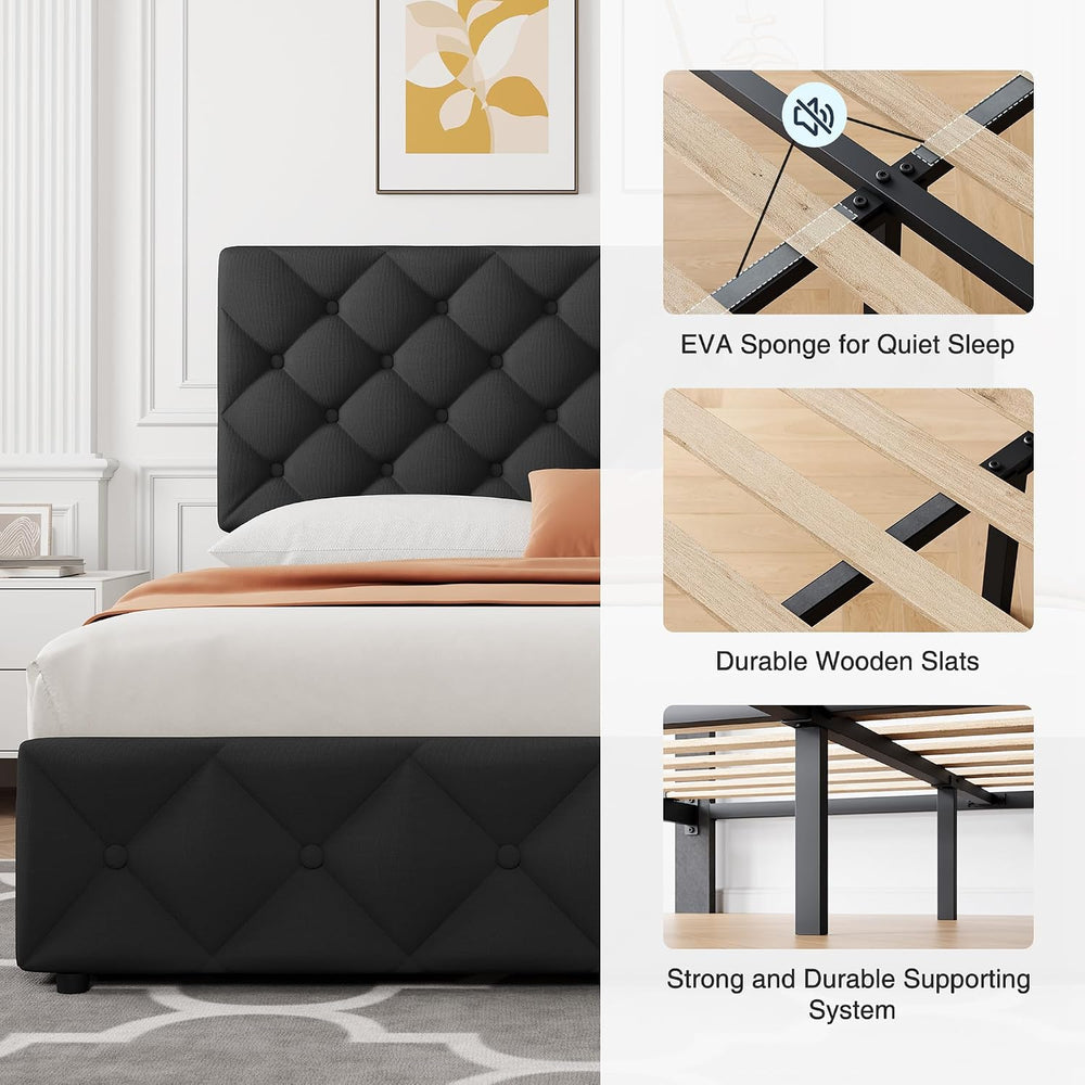 Queen Size Bed Frame with 4 Storage Drawers, Linen Upholstered Platform Bed F...