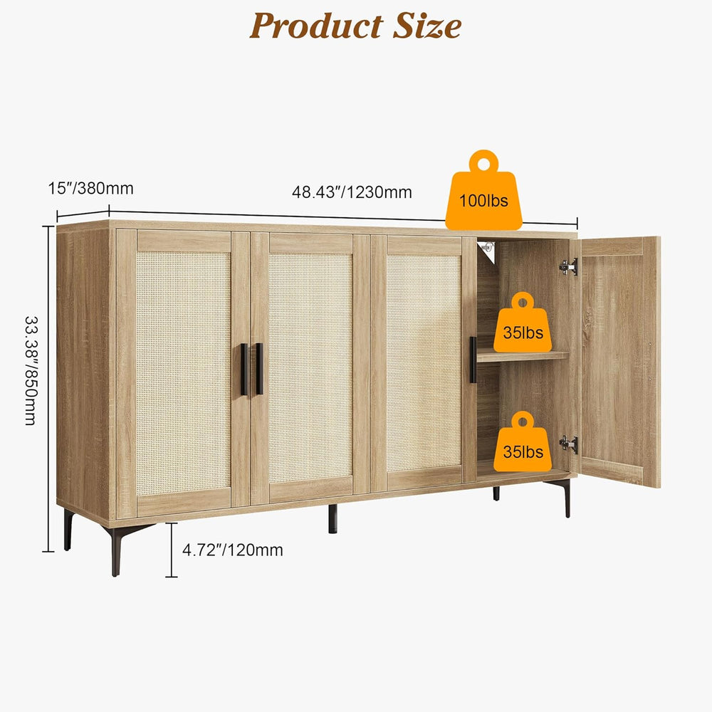 JASIWAY Buffet Cabinet with Storage, 48" Rattan Sideboard with Adjustabl...