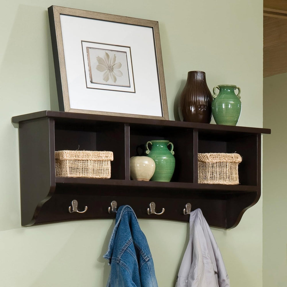 Alaterre Shaker Cottage Wall-Mounted Coat Rack with Cubbies, Chocolate, 36”