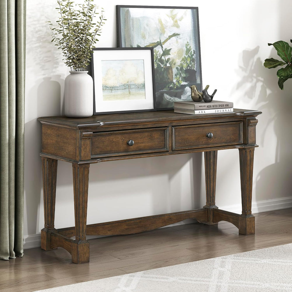 Lexicon Rectangle Wood Sofa Table with 2 Dovetail Drawers, Cherry Veneer Cons...