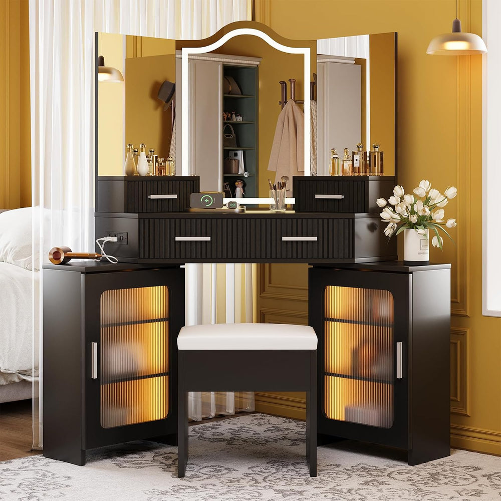 Corner Vanity with Mirror and Lights, Vanity Set with Tri-Way Mirrors | Makeu...