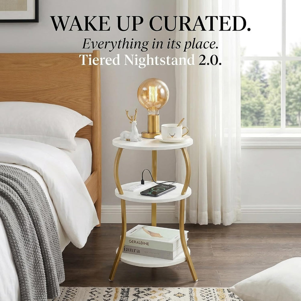 Small Round Side Table with Charging Station, 3-Tier Waist Circular End Table...