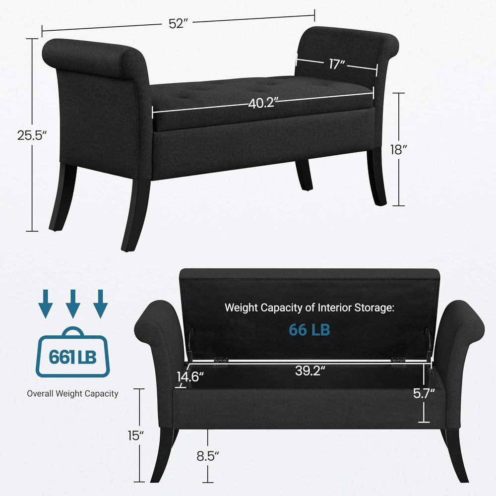 Yaheetech 52in Rolled Arm Storage Ottoman Bench Seat for Entryway, Black | Bu...