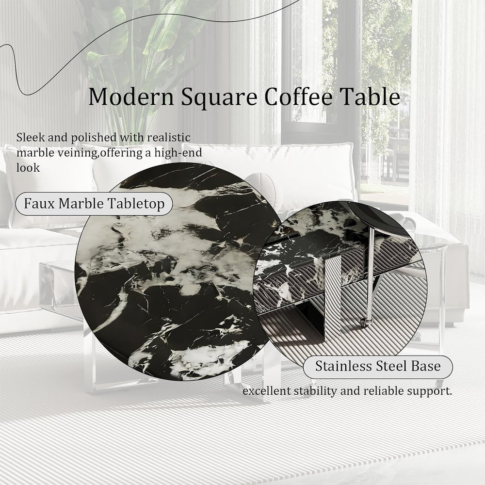 BQueen Modern 2-Piece Luxury Coffee Table Set, Square Black Faux Marble Coffe...