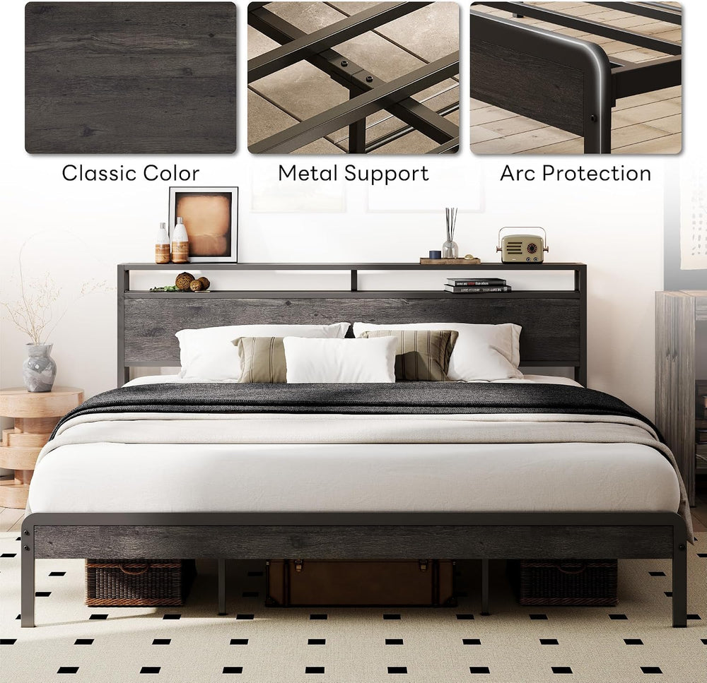 LIKIMIO California King Bed Frames with 2-Tier Storage Shelf Headboard