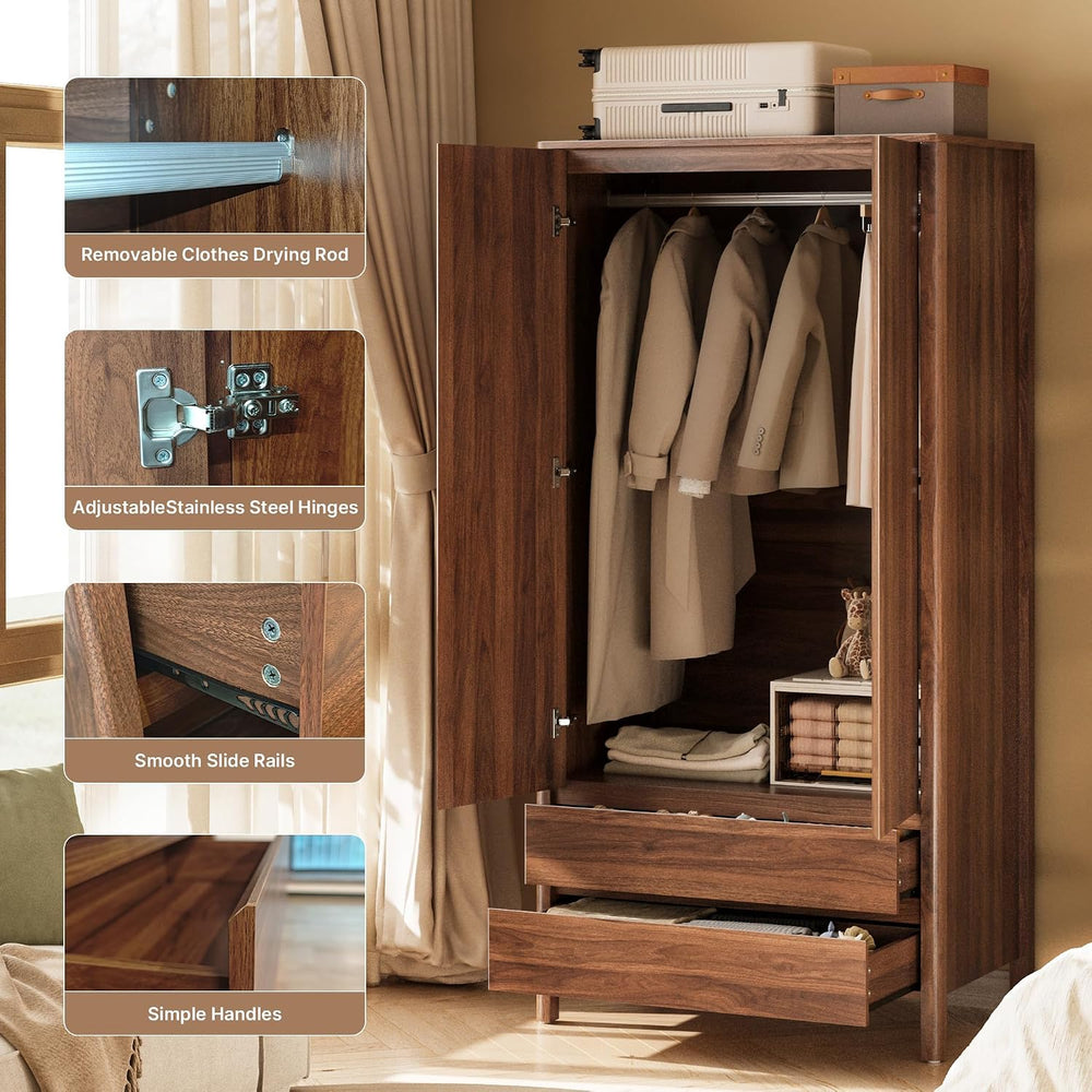 MAISONARIA Wardrobe with 2 Doors and 2 Drawers, 70.9”H Modern Walnut Bedroom ...