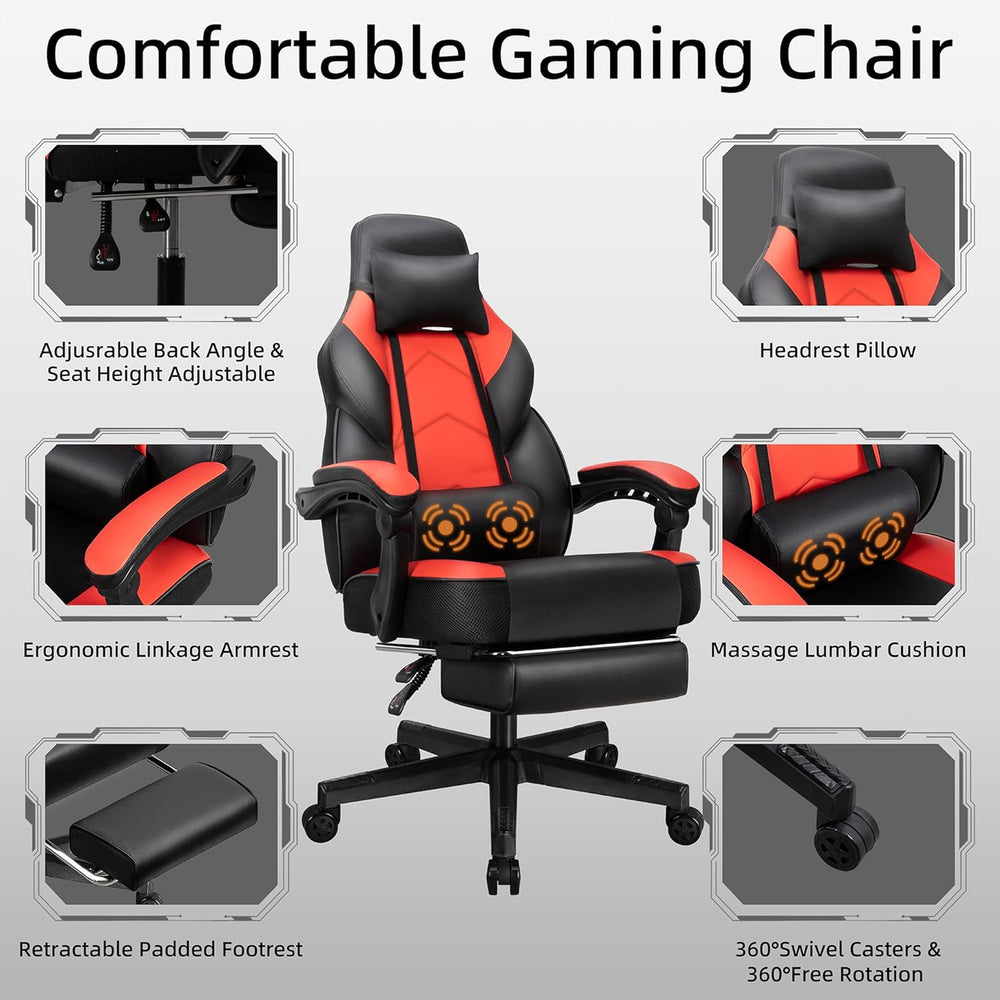 Shintenchi Gaming Chair with Footrest, Massage Lumbar Support, Height Adjustm...
