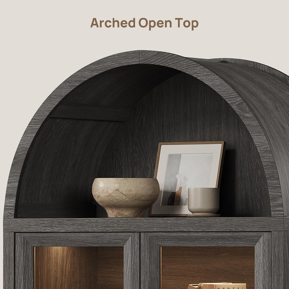 SICOTAS 74" Arched Display Cabinet with Glass Doors Set of 2, Dark Grey Oak