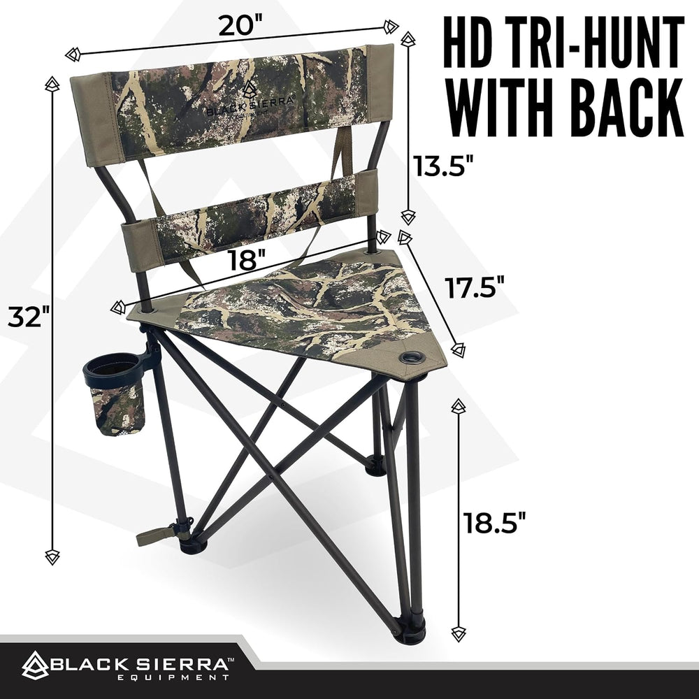 Black Sierra HD Tri-Hunt with Back Hunting Stool, Foldable Tripod Seat w/Stee...