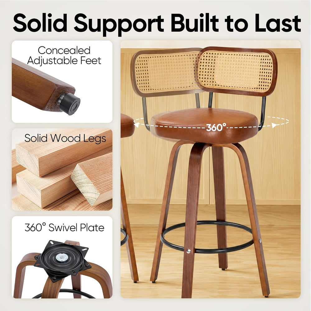 Rattan Bar Stools Set of 2,Upholstered PU Leather, 30''Counter Height...
