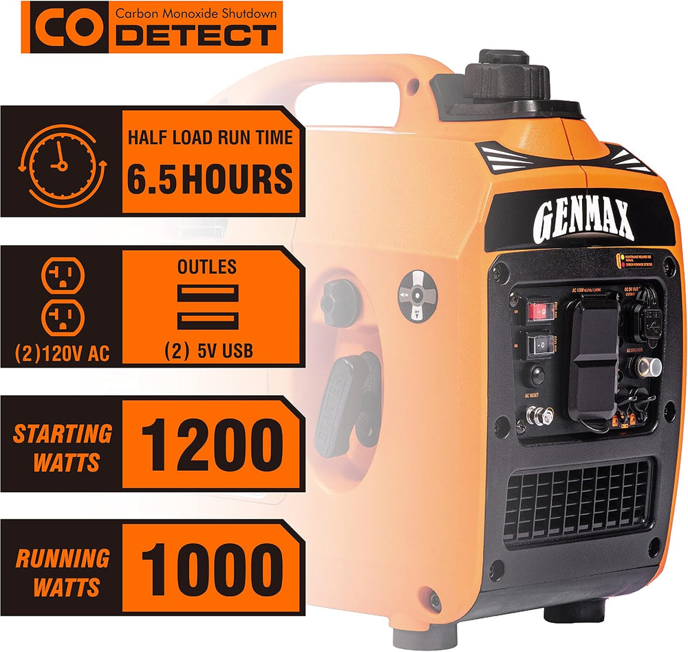GENMAX Portable Generator,1200W Ultra-Quiet Gas Engine, EPA Compliant, Eco-Mo...