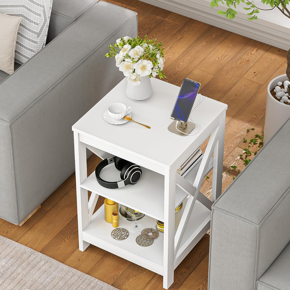 SEJOV Side Table for Living Room, White End Table with 3-Tier Storage Shelves...