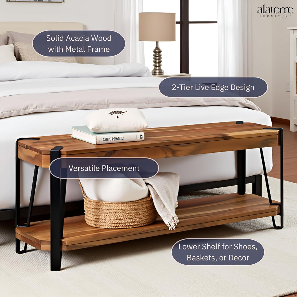 Ryegate 48-Inch Live Edge Acacia Wood & Metal Entryway Bench with Bottom ...