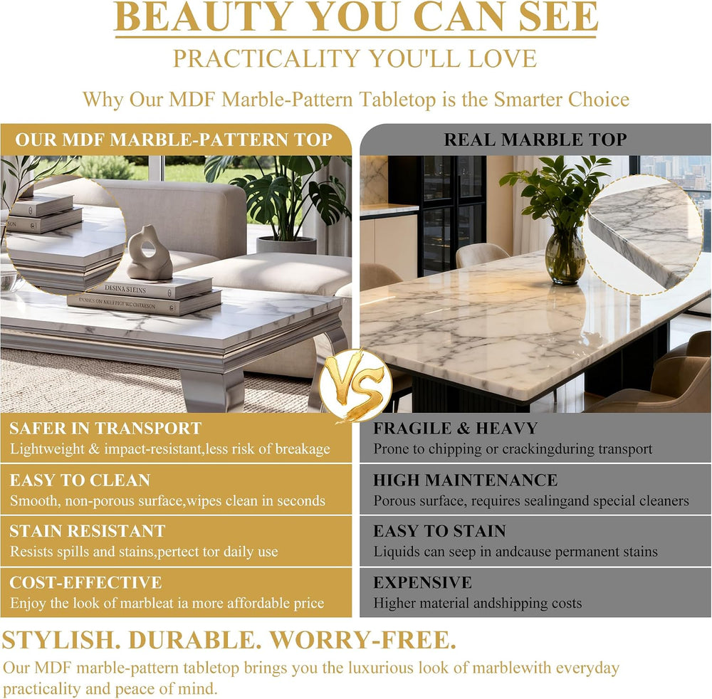 3-Piece Faux Marble Coffee Table Set with Silver Stainless Steel Legs | Moder...