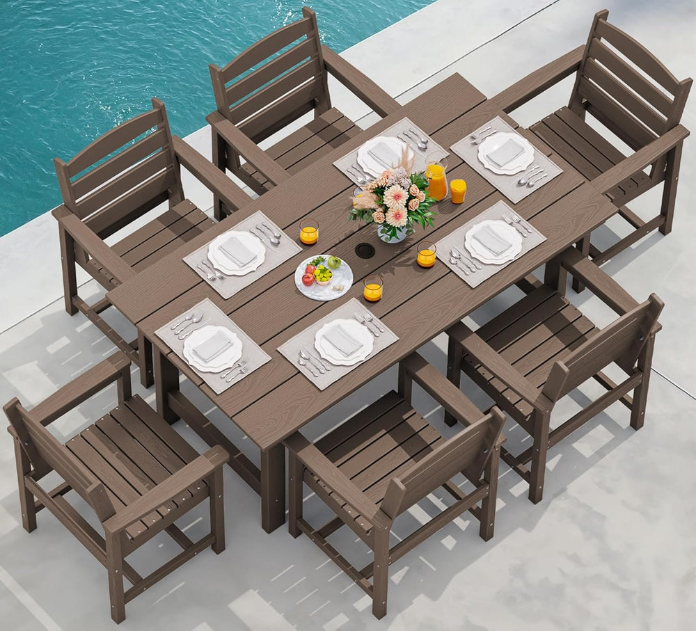 SERWALL 7 Pcs Outdoor Dining Set, 67" HDPE Dining Set for 6, Coffee