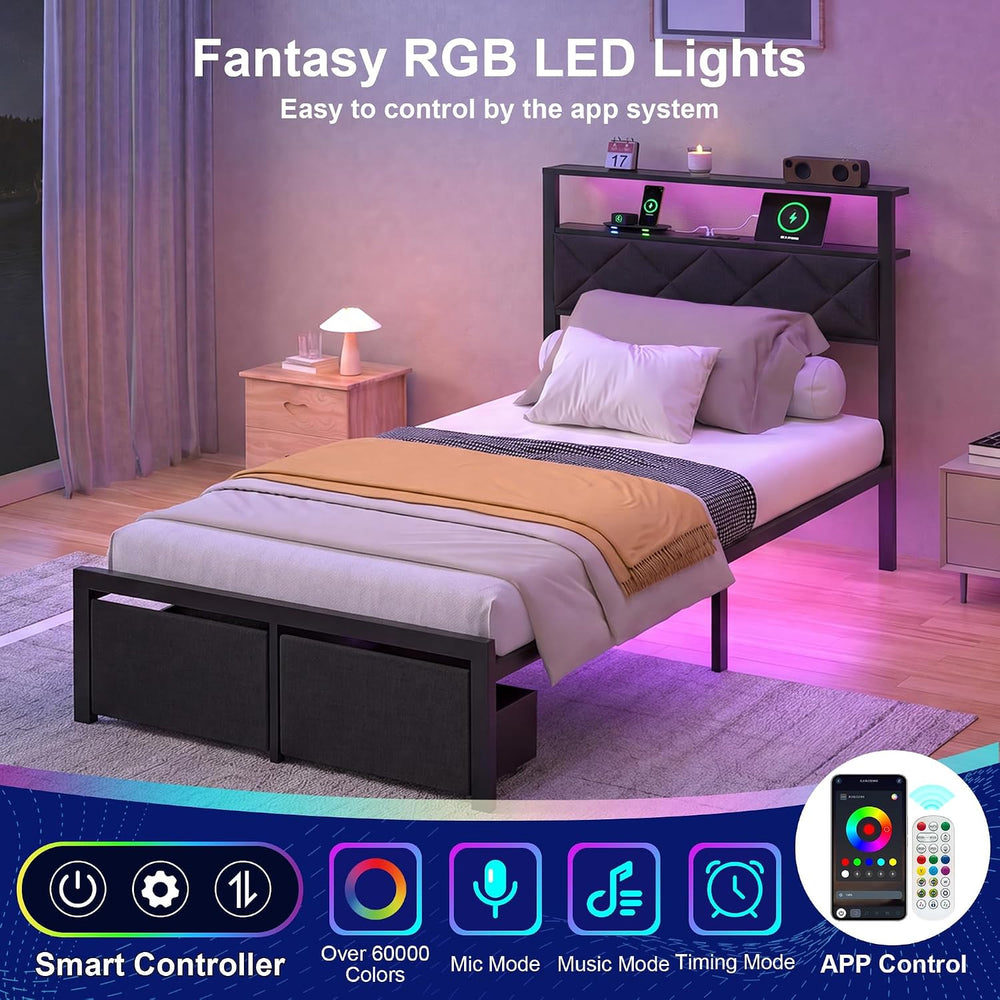 Twin Bed Frame with LED Lights, Charging Station & 2 Storage Drawers, Met...
