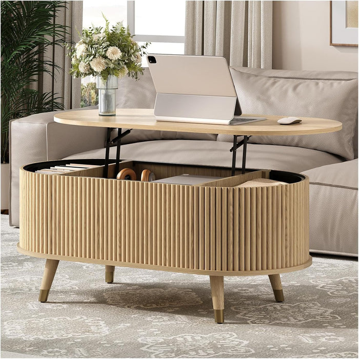 JOINICE Oval Lift Top Coffee Table with Storage for Living Room,43",Oak