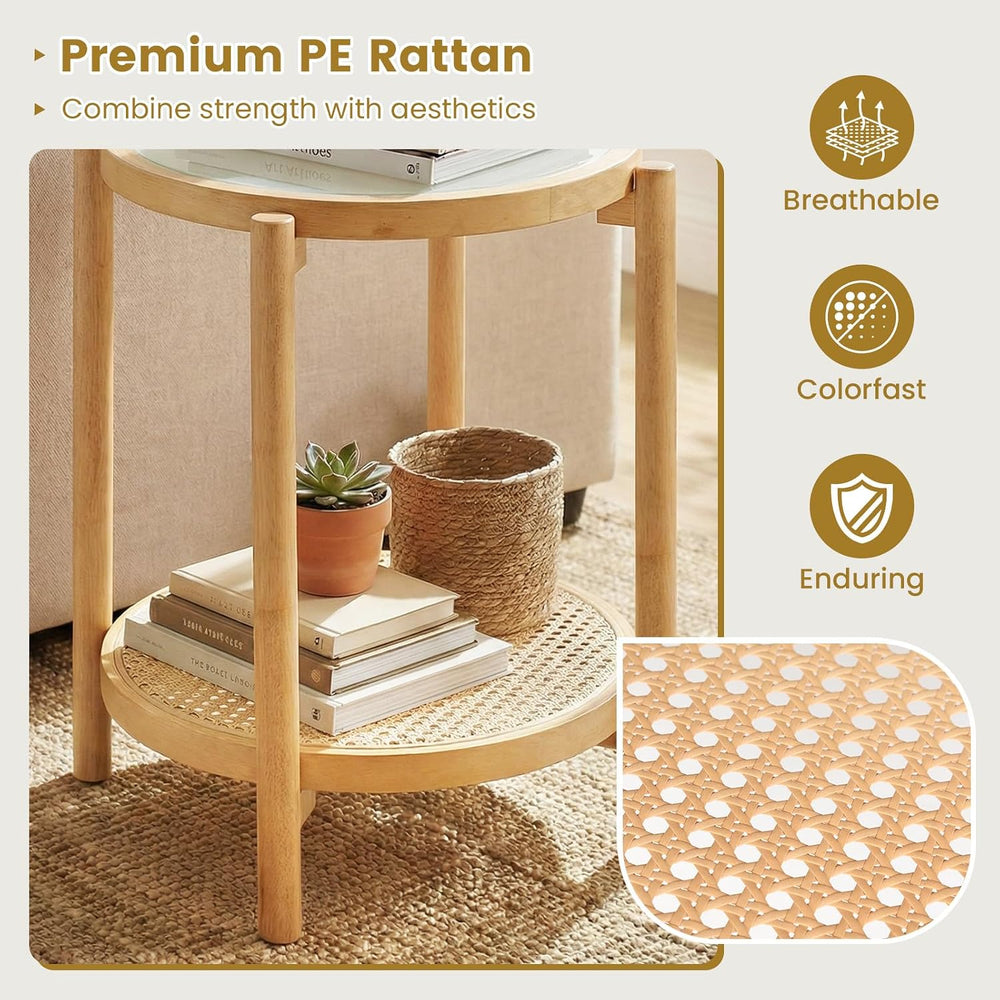 Giantex Rattan Round Side Table, 2-Tier Boho End Table w/Tempered Glass Top, ...