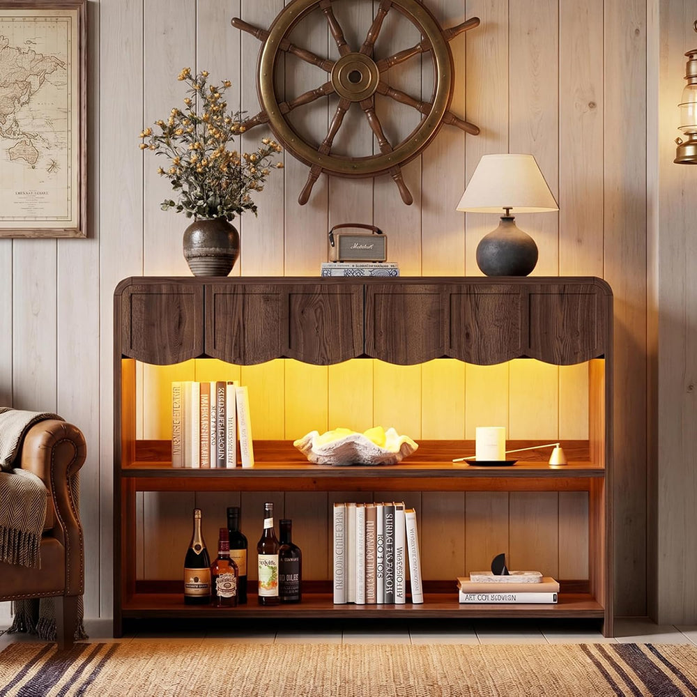 PAKASEPT Retro Entryway Table with RGB LED Lights, 43" Walnut Console Ta...