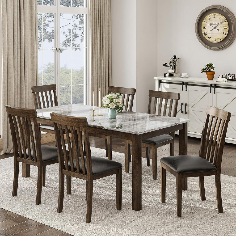 LUXOAK 7-Piece Wood Dining Table Set with Faux Marble Tabletop, Dark Brown | ...