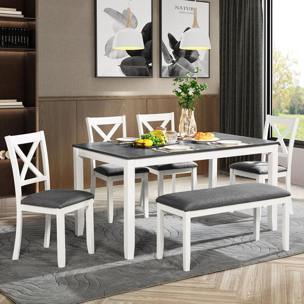Merax 6-Piece Farmhouse Dining Table Set with Chairs and Bench, Wood Kitchen ...