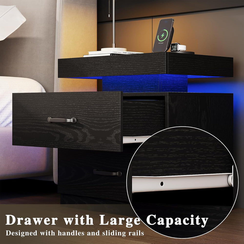 Black Nightstand with Charging Station, Modern Night Stand with LED Lights, E...