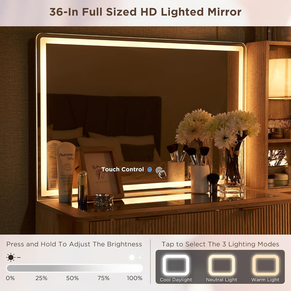 T4TREAM Fluted Makeup Vanity Desk with 36" HD Lighted Mirror, 48" B...