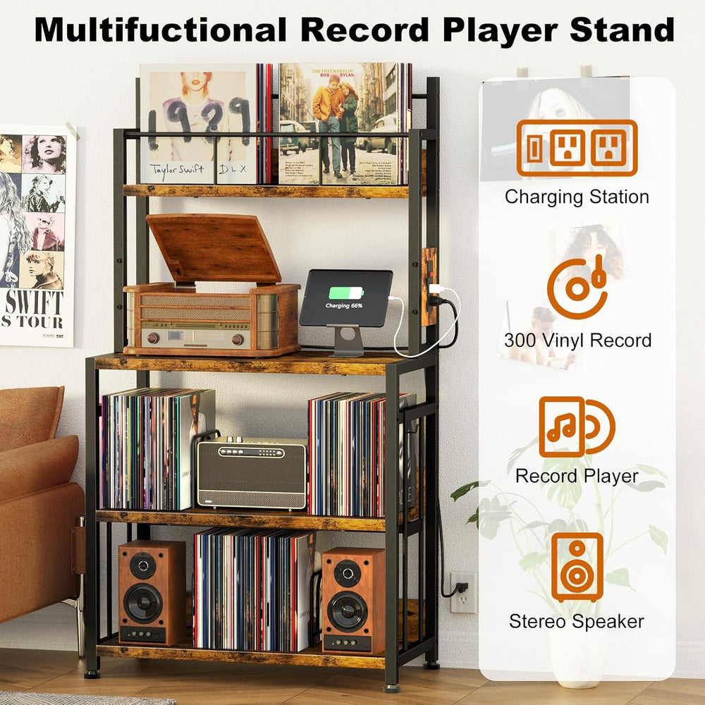 Record Player Stand with Power Outlets,Vinyl Display and Storage shelf | 4-Ti...