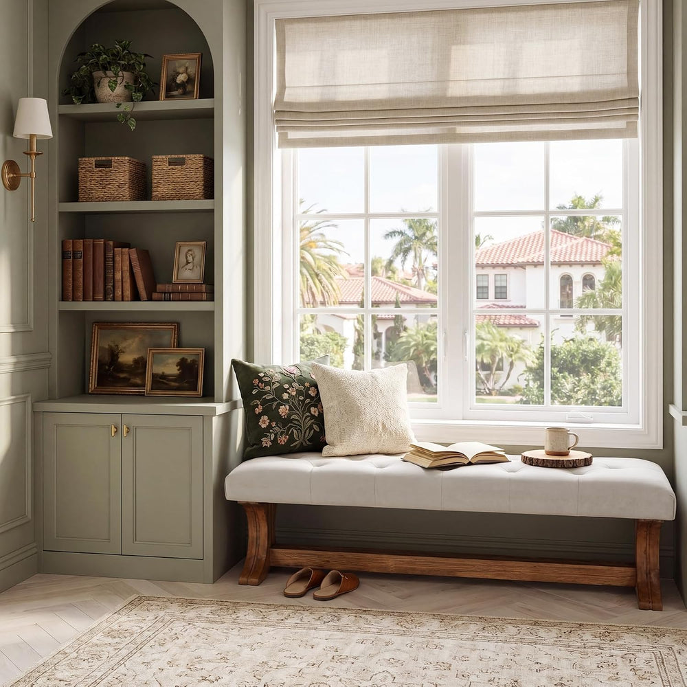 LITTLE TREE 55" Upholstered End of Bed Bench, Solid Wood Tufted Entryway...