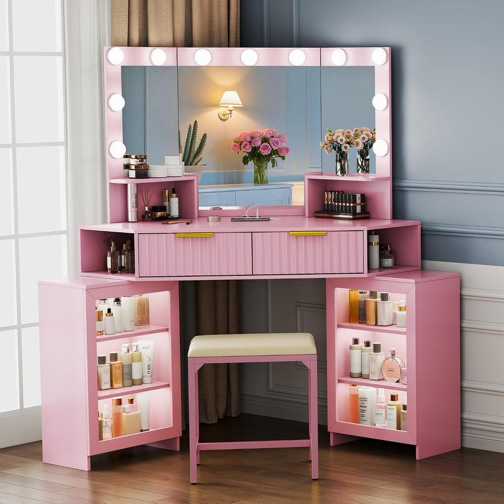 Corner Vanity Desk with LED Mirror, Power Outlet and 3 Light Modes - Pink | S...