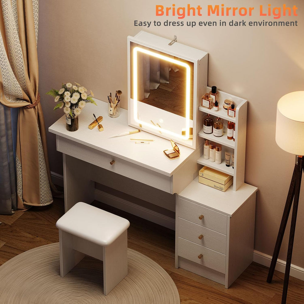 Memobarco White Makeup Vanity Desk with Sliding Mirror & 4 Drawers | Smar...