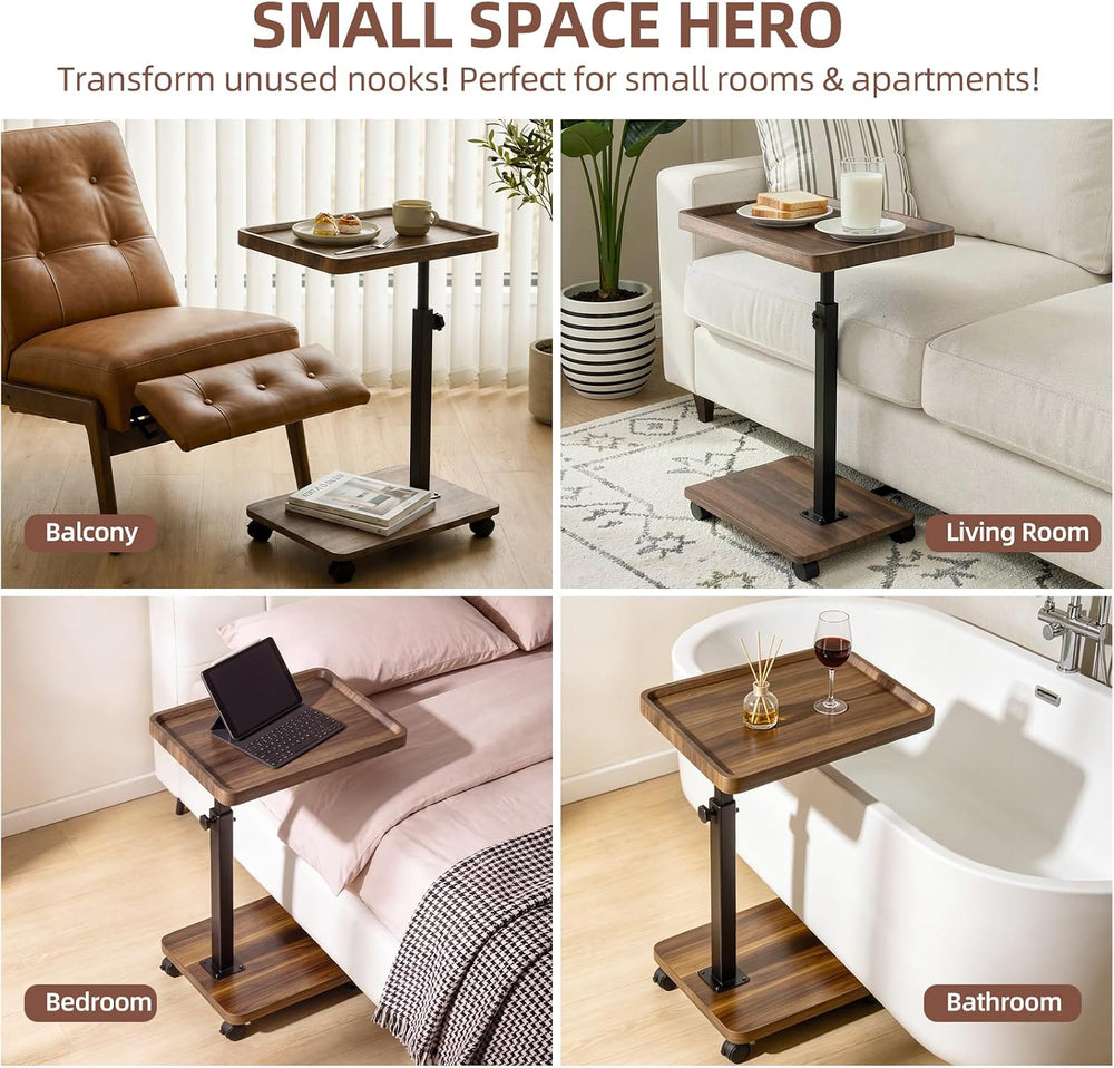 TV Tray Table with Wheels, 360° Swivel C Shaped, Walnut