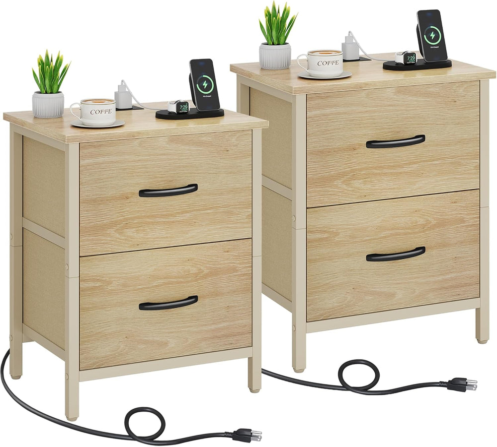 Vagusicc Nightstand Set of 2 with Charging Station, End Table Bedside Table w...