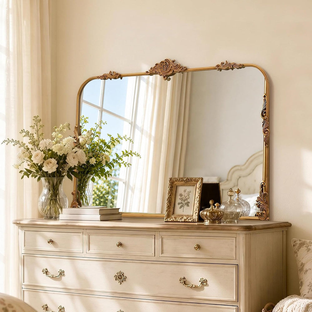 Large Gold Arched Mirror: 48"x33" Baroque Vintage Wall Mirror