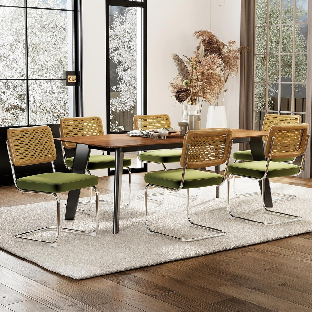 Rattan Back Velvet Dining Chair Set of 6 Modern Stainless Chrome Base Armless...