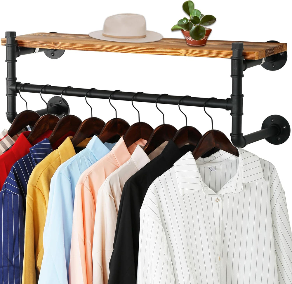 WEBI Wall Mounted Clothes Rack with Shelf,32" Industrial Pipe Clothing R...